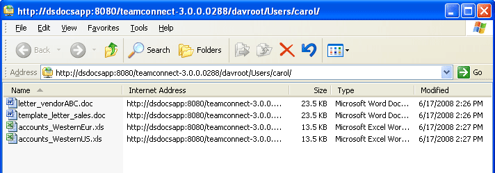 Explorer Screen Networked to TeamConnect User's Documents Folder (WebDAV)